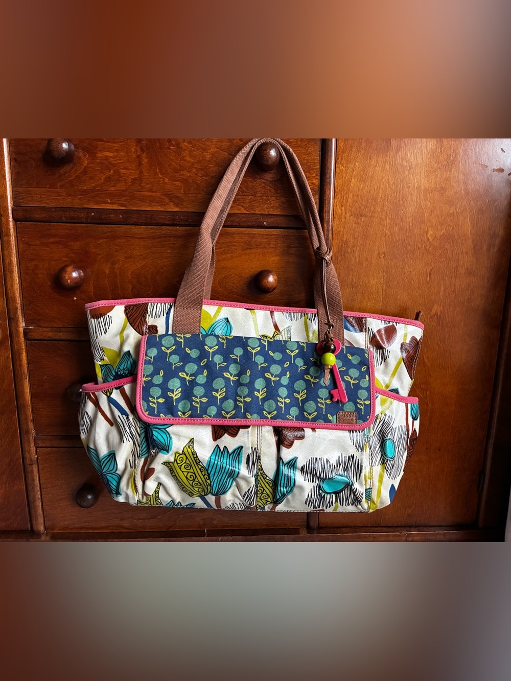 Fossil Key Per Floral coated Canvas Tote Diaper Bag Large 12x20 inches